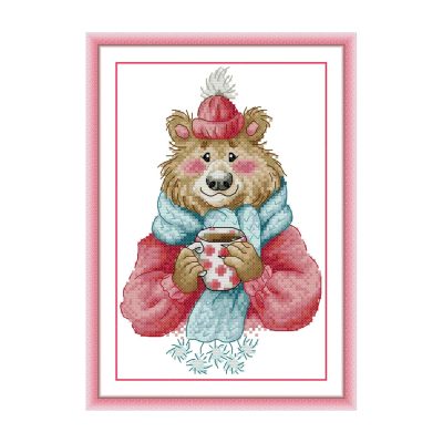 Little Bear Hot Coffee Animal Cross Stitch Embroidery Kit for Adult Beginners, Timeless Wildlife Creature Art, Complete DIY Needlework Set, Home Wall Art Decor