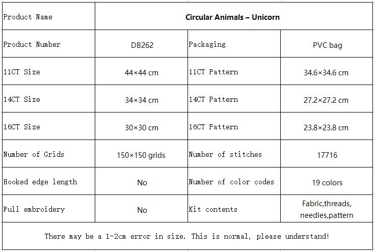 Circular Animals – Unicorn Beginner Friendly Animal Cross Stitch Embroidery Kit, Simple Hand Stitch Wall Decor 10 DB262 参数图