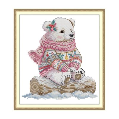 Scarf Bear Full Set Animal Cross Stitch Embroidery Kit, Step-by-Step Guide Included, Home Decor