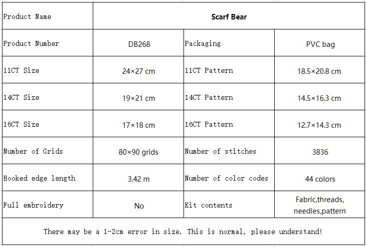 Scarf Bear Full Set Animal Cross Stitch Embroidery Kit, Step-by-Step Guide Included, Home Decor 10 DB268 参数图
