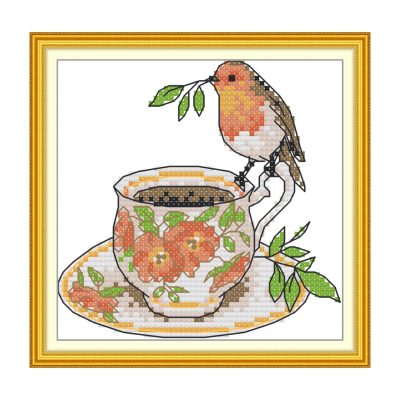 The Little Bird and the Teacup Animal Cross Stitch Art Kit, Premium Embroidery Supplies, Handmade Wall Decoration