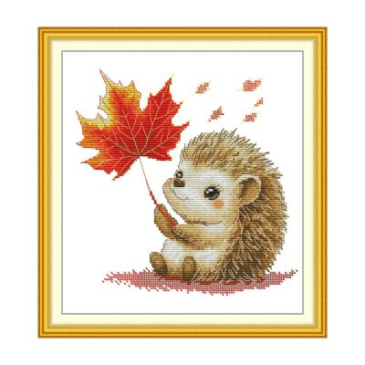 Red Maple Hedgehog Stamped Animal Cross Stitch Kit, Pre-Print Fabric, Easy Craft for New Adult Stitchers