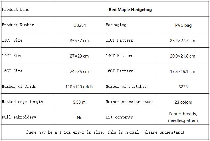Red Maple Hedgehog Stamped Animal Cross Stitch Kit, Pre-Print Fabric, Easy Craft for New Adult Stitchers 10 DB284 参数图