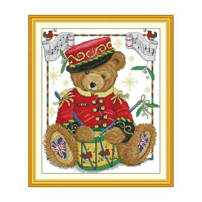 Christmas Drumming Bear Animal Needlework Cross Stitch Kit for Adults, Leisure DIY Activity, Bedroom Wall Decor