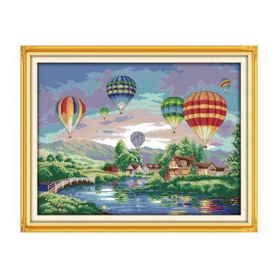 Colorful balloons Scenery Cross Stitch Embroidery Kit for Adult Beginners, Complete DIY Nature Needlework Set, Mountain Lake Forest Home Wall Art Decor