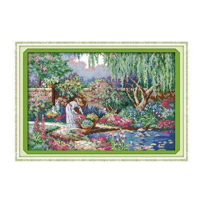Garden girl Landscape Cross Stitch Embroidery Kit, Easy Leisure Nature Craft, Nature Themed Wall Decor