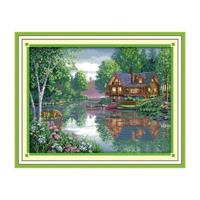 Leisure hut Scenery Cross Stitch Embroidery Kit, DIY Hand Stitch Nature Wall Hanging, Living Room Decor