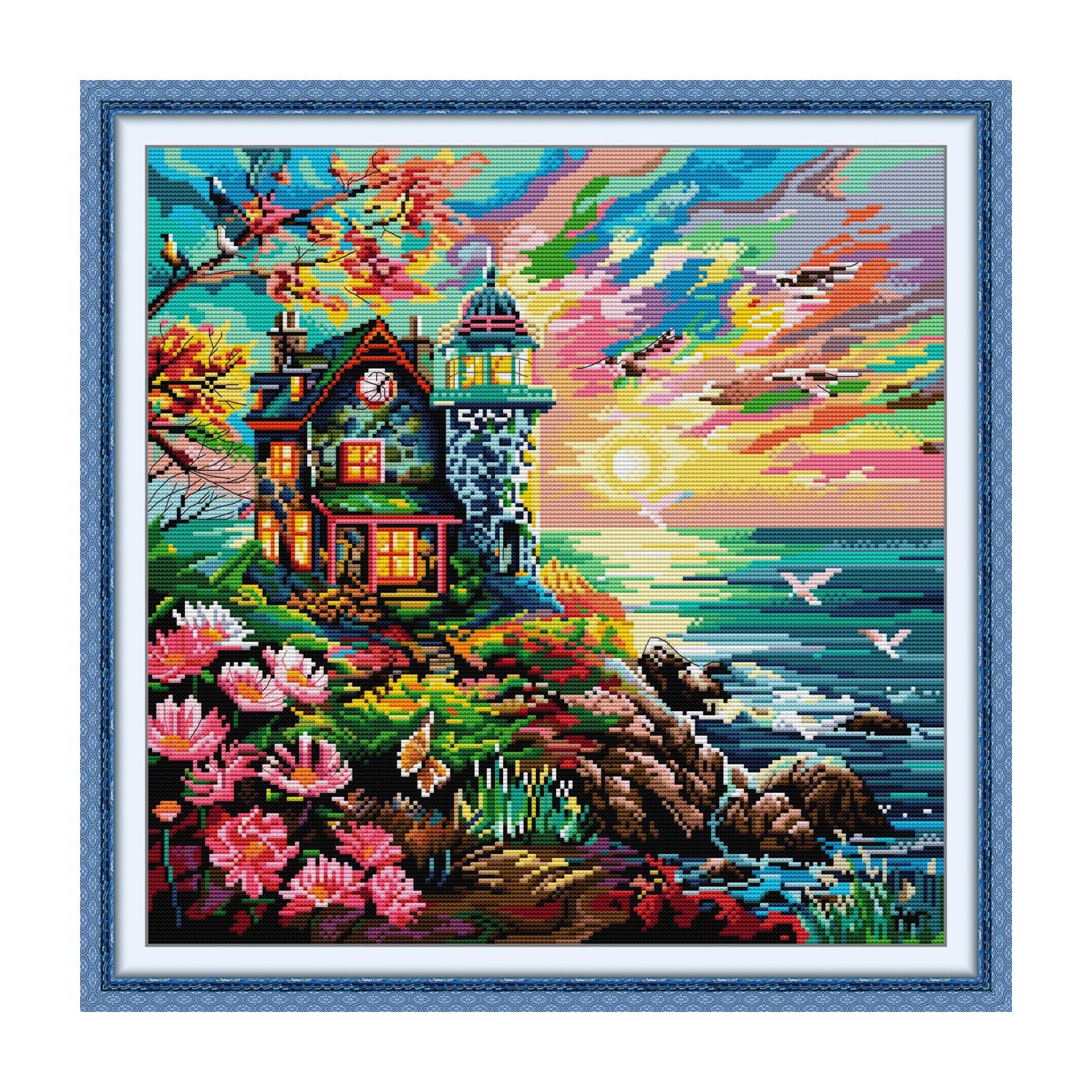 Simple Scenery Cross Stitch Embroidery Kit, DIY Handicraft Gift, Home Wall Art Decoration 9 FA507 32507 海边灯塔六 195×195 封面