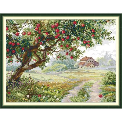 Vintage Country Old Apple Tree Cross Stitch Pattern Kit, Garden Path & Cottage Wall Art, DIY Needlework for Home Decoration