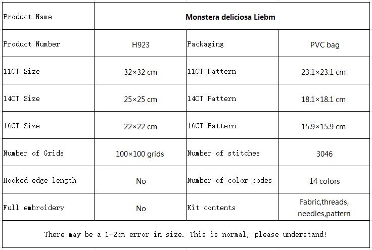 Monstera deliciosa Liebm Floral Cross Stitch Embroidery Kit for Hobby Lovers, Easy Pattern, Home Wall Art Decor 11 H923 参数图