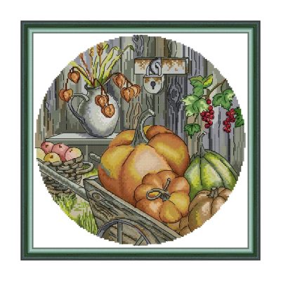 Pumpkins Floral Bouquet Cross Stitch Embroidery Kit, Complete Set for Adult New Stitchers, Wall Decor