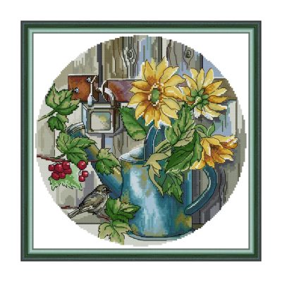 Sunflowers Printed Floral Cross Stitch Embroidery Kit for Adult Beginners, Simple Home Wall Art Decor