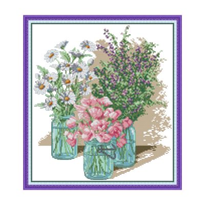 Three vase of flowers 2 Floral Wreath Cross Stitch Embroidery Starter Kit, Easy Needlework Project for Adult Beginners