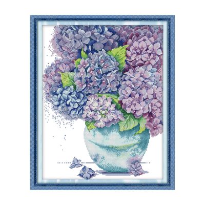 Blue-purple hydrangea Pre-Printed Floral Cross Stitch Embroidery Kit, No Counting Needed for Adult Beginners