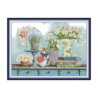 Daisies And Clover Mixed Flower Cross Stitch Embroidery Kit, Beginner Adult Needlework, Home Wall Decor
