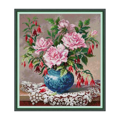 Roses and fuchsia Summer Garden Floral Cross Stitch Embroidery Kit, Adult Beginner Hand Stitch Wall Decor