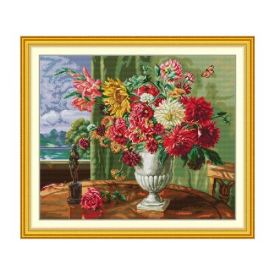 Oil Painting Flowers in Front of Window Country Garden Floral Cross Stitch Embroidery Kit, Beginner Friendly Home Wall Art