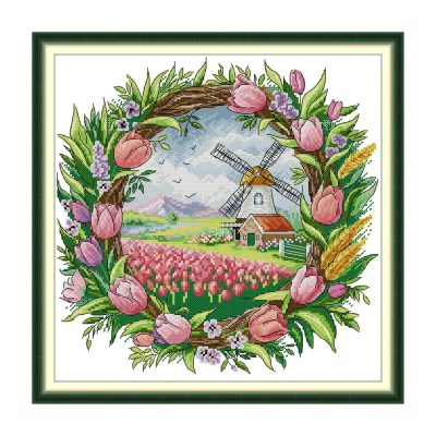 Spring in a wreath Floral Cross Stitch Embroidery Kit, Easy Floral Cross Stitch Pattern, Home Wall Art Decor