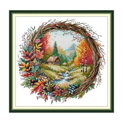 Autumn in a wreath Floral Cross Stitch Embroidery Kit, Handmade Floral Art Gift, Home Wall Hanging Decor