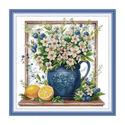 White flowers in a bottle Floral Cross Stitch Embroidery Kit, Simple Hand Stitch Floral Wreath, Home Wall Decor