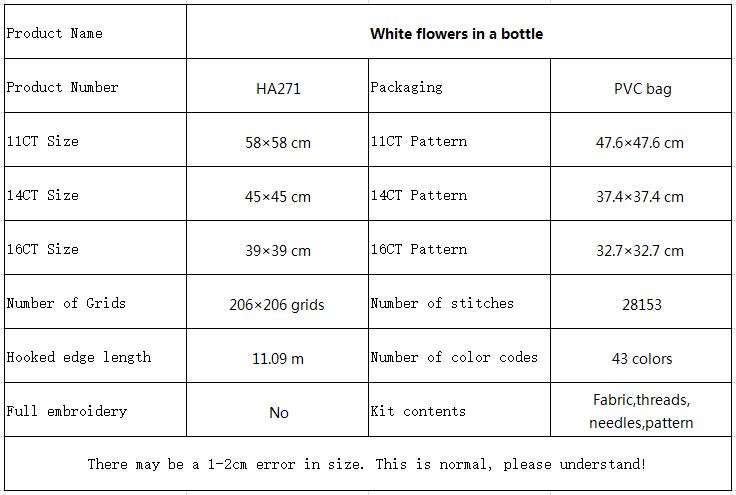 White flowers in a bottle Floral Cross Stitch Embroidery Kit, Simple Hand Stitch Floral Wreath, Home Wall Decor 11 HA271 参数图