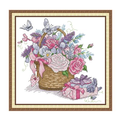 Basket of flowers Floral Cross Stitch Embroidery Kit, Boho Botanical Floral Design, Adult Home Wall Art
