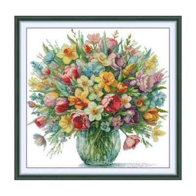 lit. flowers bloom Floral Cross Stitch Embroidery Kit, Easy Floral Hobby Project for Adult Stitching Beginners