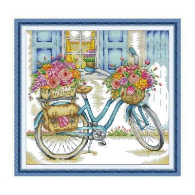Bicycle loaded with flowers Floral Cross Stitch Embroidery Kit, Handcrafted Floral Needlework, Living Room Wall Decor