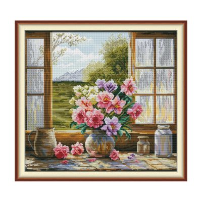Window sill vase Floral Cross Stitch Embroidery Kit, Complete DIY Floral Craft Supplies, Home Wall Art