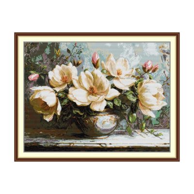The Mysterious Magnolia Floral Cross Stitch Embroidery Kit, Simple Flower & Foliage Design, Adult Wall Decor