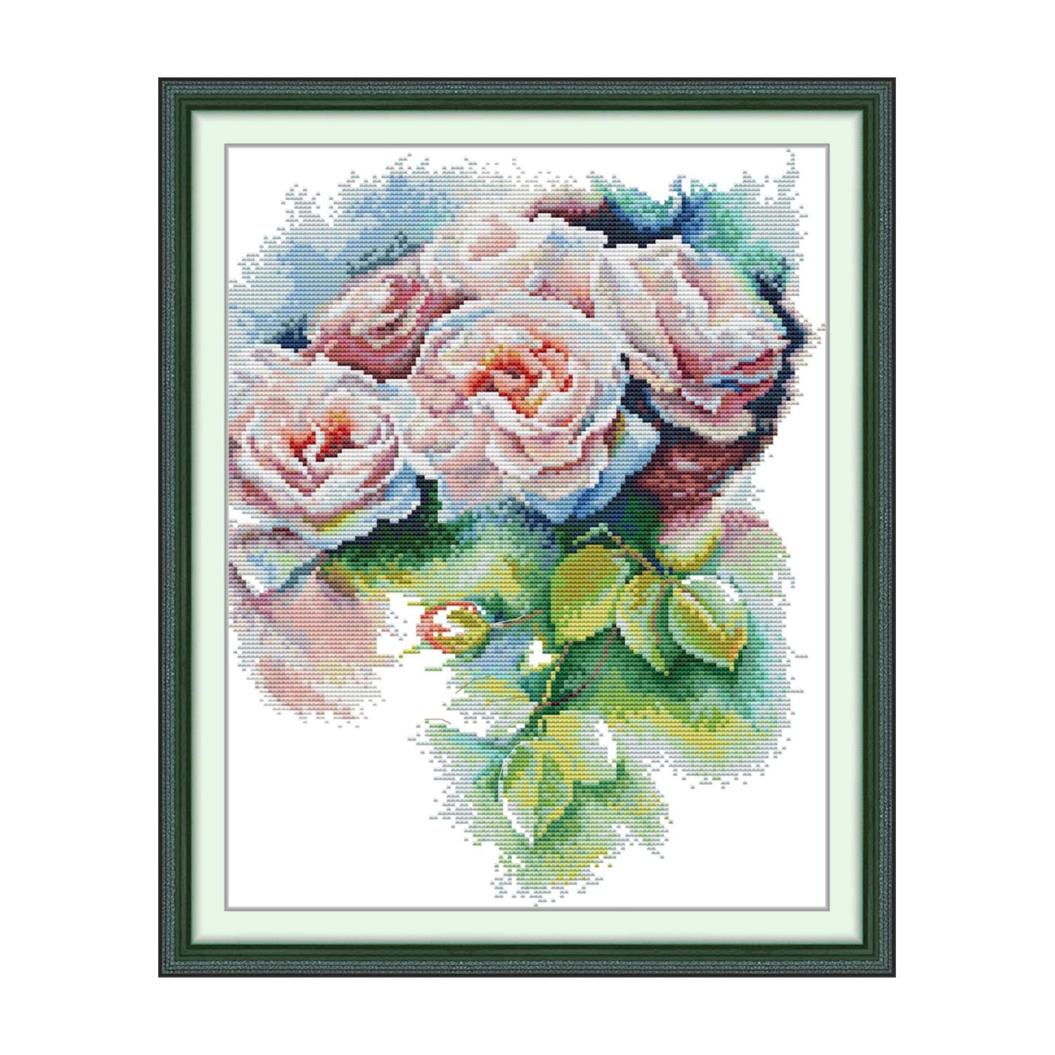 Pink rose Floral Cross Stitch Embroidery Kit, Gentle Mixed Flower Pattern, Adult Beginner Art 9 HA320 33320 粉玫瑰 137×174 无水印