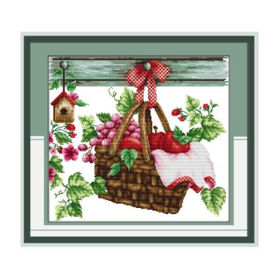 Fruit basket Country Still Life Cross Stitch Starter Kit, Rustic Table Objects, Easy DIY Wall Art