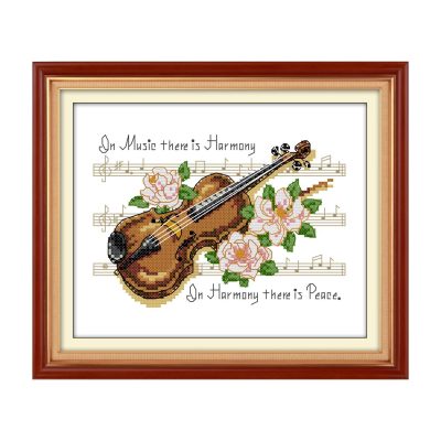 Violin Hand Stitched Classic Table Still Life Cross Stitch Embroidery Kit, Adult Room Wall Art