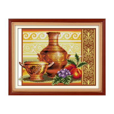 Pottery and fruit Still Life Cross Stitch Embroidery Kit, Full Craft Supplies Included, Ready to Stitch