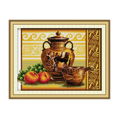 Pottery & fruits Minimal Composition Still Life Cross Stitch Kit, Simple Table Objects, Wall Decoration