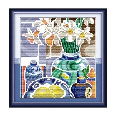 Flowers in the blue and white porcelain Pre-Printed Still Life Cross Stitch Embroidery Kit, Table Object Pattern, No Counting