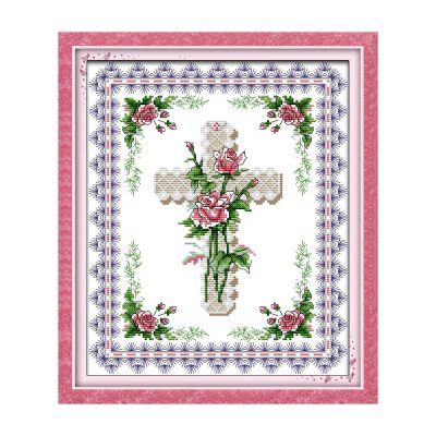 Rose &cross Still Life Cross Stitch Embroidery Kit, All Craft Materials Included, Ready for Stitching
