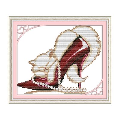 Fashion high heels and a cat Warm Indoor Still Life Cross Stitch Embroidery Kit, Cozy Table Scene, Adult Craft Kit