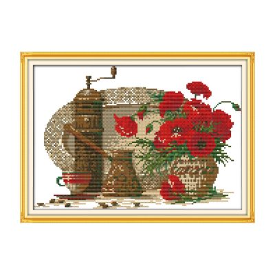 Teacup and poppy Simple Table Composition Still Life Cross Stitch Kit, Fast Stitch Project, Interior Art