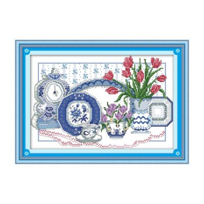 Flowers in celadon vase Artistic Table Object Still Life Cross Stitch Kit, Beautiful Layout, Adult Wall Decor