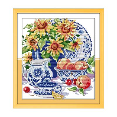 Celadon sunflower Still Life Cross Stitch Embroidery Kit, Calming Handcraft, Elegant Home Wall Hanging