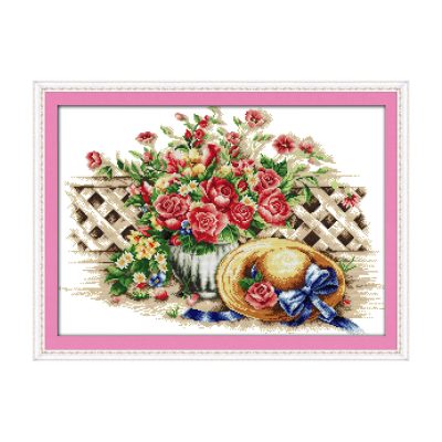 Sweet flower hat Still Life Cross Stitch Starter Kit, Pre-Printed Table Scene, DIY Handmade Wall Art