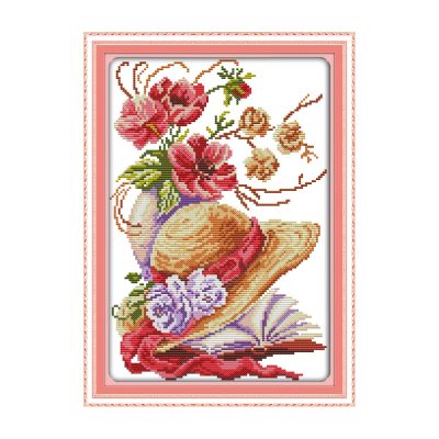 Poppy flower hat Pre-Print Table Still Life Cross Stitch Kit, No Count Fabric, DIY Art for Home Interior