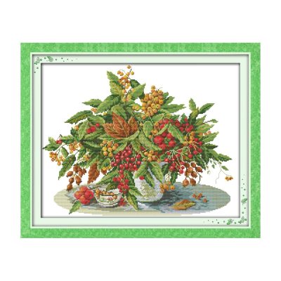 Cherry vase Beginner Simple Still Life Cross Stitch Kit, Uncomplicated Table Scene, DIY Wall Art
