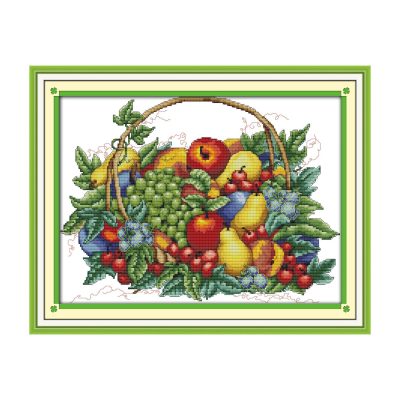 Fruit basket Natural Tone Still Life Cross Stitch Kit, Earthy Table Objects, Wall Hanging Art