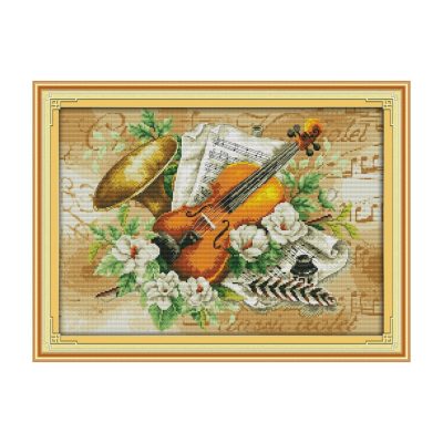 Flowers and the violin Still Life Cross Stitch Embroidery Kit, DIY Table Art Making Kit for Adult Handcrafters