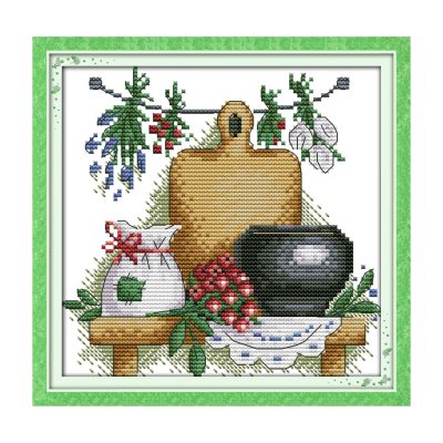 The teapot with flowers Farmhouse Still Life Cross Stitch Starter Kit, Rustic Table Objects, Easy DIY Art