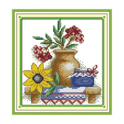 The teapot with flowers Still Life Cross Stitch Kit for Craft Enthusiasts, Simple Still Life Motif, Wall Decor