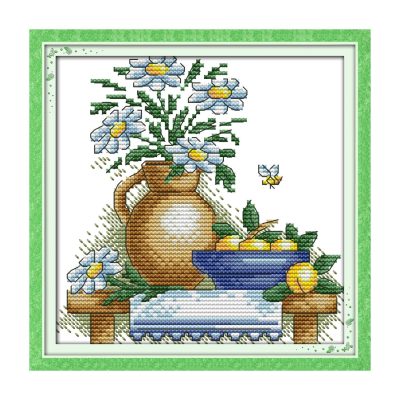 The teapot with flowers Hand Stitched Table Still Life Cross Stitch Embroidery Kit, Indoor Wall Art for Adults
