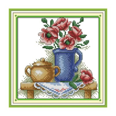The teapot with flowers Still Life Cross Stitch Embroidery Kit, Full Craft Supplies Pack, Ready to Start